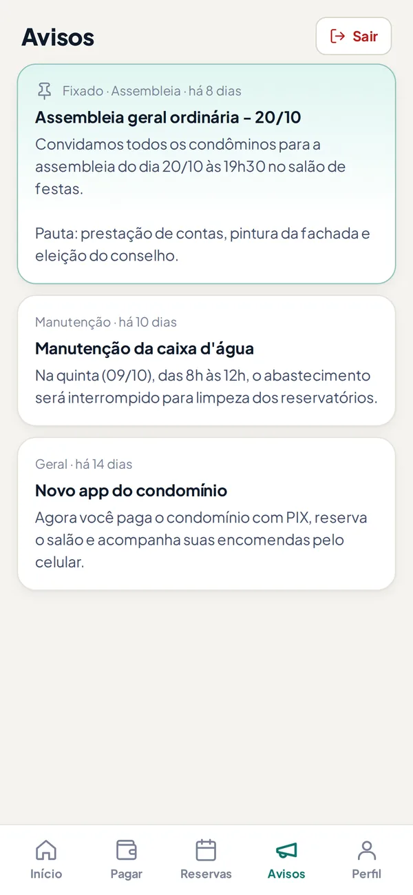 Mural de avisos do condomínio no app do morador