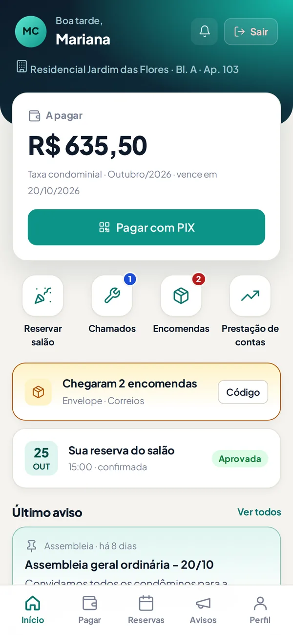 App do morador do GKONDO mostrando o valor a pagar e o botão Pagar com PIX