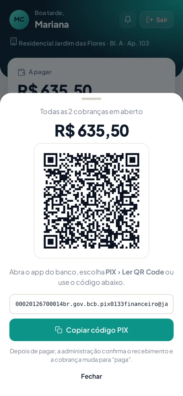 Pagamento com PIX no app do morador, com QR Code e código copia e cola