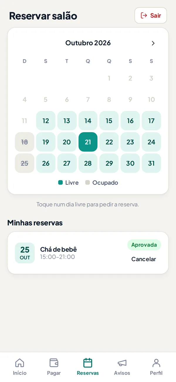 Calendário de reservas do salão de festas no app